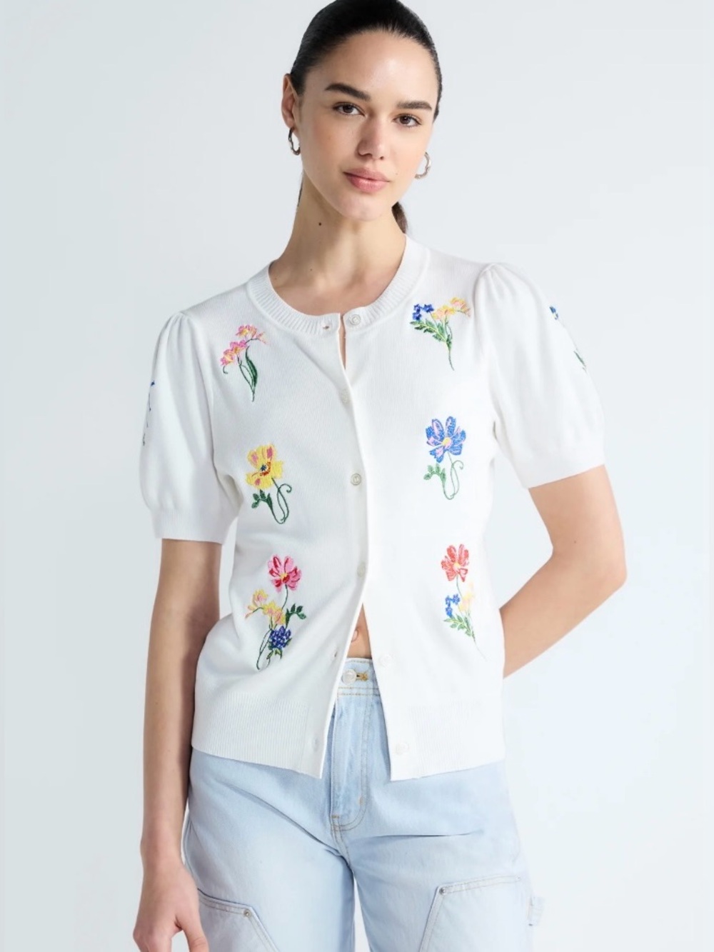 NWT Free Assembly Embroidered Floral Puff Sleeve White Cardigan Sweater Large - Picture 2 of 10